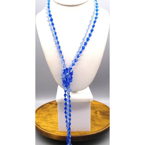 Blue Faceted Bicone Beads Necklace, Double Strand Super Long Flapper Fashion - Picture 3 of 4